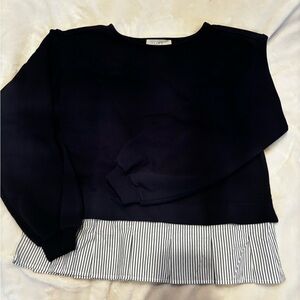 LOFT Navy Pullover with Striped Layered Hem